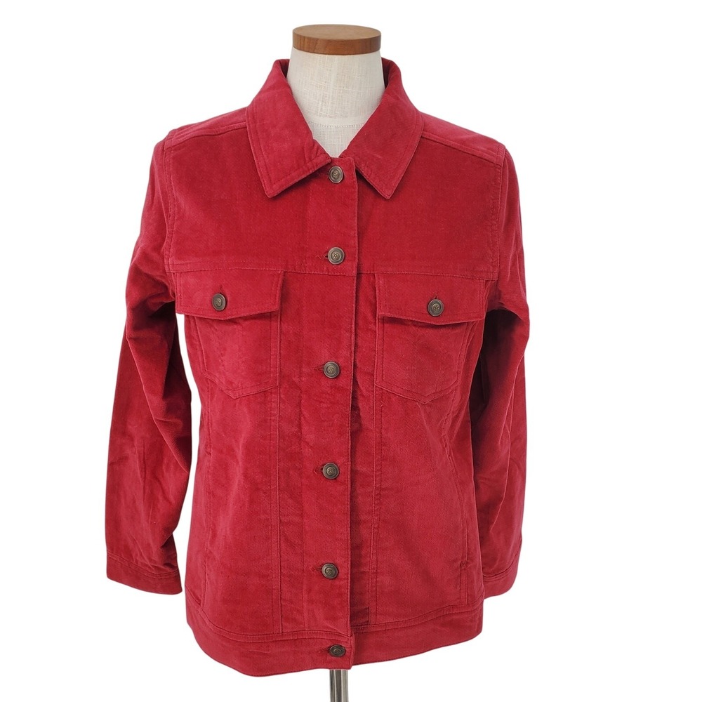 Denim & Co Womens Small Red Corduroy Trucker Jacket 100% Cotton Button Up Coat